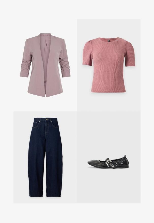 Lys lavendel blazer med skræddersyet design, trekvart ærmer med rynk, og åbent front. Glat stof og minimalistisk silhuet.; Kortærmet, tekstureret top i støvet rosa ribstrikket stof. Rund halsudskæring med diskrete pufærmer. Figursyet pasform, strækbart materiale.; Mørkeblå vidde cowboybukser med forreste knap- og lynlås lukning, bæltestropper og forlommer mod en lys baggrund.; Sorte læder flade sko med spids tå, samling detaljer omkring åbningen, og en sølv spænde accent på den justerbare rem.