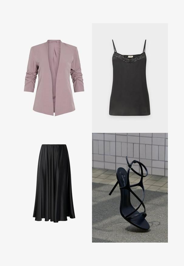 Lys lavendel blazer med skræddersyet design, trekvart ærmer med rynk, og åbent front. Glat stof og minimalistisk silhuet.; Sort satin camisole med tynde stropper, der har en perlebesat halsudskæring. Glat tekstur med en afslappet pasform, ideel til lag-på-lag eller afslappet brug.; Sort maxiskirt lavet af glat stof, med en elastisk talje, fuld silhuet og en flydende kant uden synlige mønstre eller detaljer.; Sort højhælet sandal med tynde remme og ankelspænde, placeret oprejst på grå fortov nær flisebelagt væg baggrund.