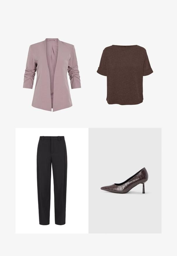 Heller lavendelfarbener Blazer mit tailliertem Design, dreiviertel-langen gerafften Ärmeln und offenem Vorderteil. Glattes Material und minimalistisches Silhouette.; Braune Bluse mit kurzer Textur, umgeschlagenen Manschetten und rundem Ausschnitt, mit lockerem, kastigem Schnitt.; Schwarze gerade geschnittene Anzughose mit Gürtelschlaufen und Seitentaschen, vor weißem Hintergrund gezeigt.; Braune Pumps mit spitz zulaufender Spitze aus Kunstleder in Krokodiloptik, mit schlankem, eckigem Absatz und glatter Innenfütterung.