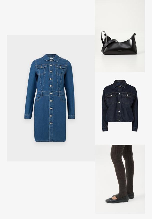 Chaqueta de mezclilla oscura con cuello, que presenta dos bolsillos en el pecho, botones a presión plateados y costuras amarillas en contraste. Silueta corta.; Vestido azul de mezclilla de manga larga con cuello, cierre frontal con botones, bolsillos en el pecho y las caderas, y detalles de costura en la cintura ajustada.; Piernas con leggings oscuros acanalados combinados con bailarinas negras que presentan pequeños detalles de lazo sobre un fondo blanco.; Bolso de mano de cuero negro con una textura suave. Cuenta con una correa ajustable y un diseño elegante y minimalista con cierre de cremallera.