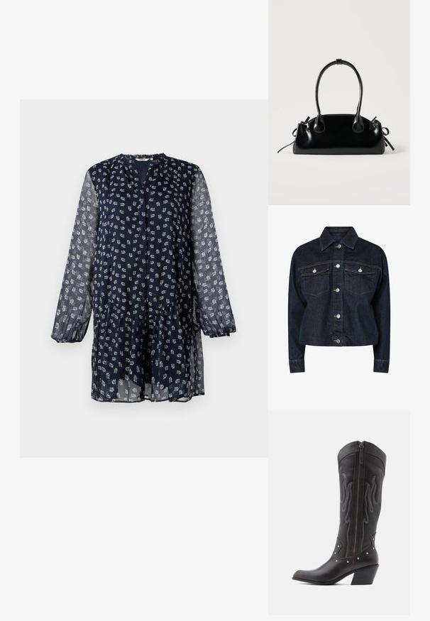 Donkerdenim jack met een kraag, voorzien van twee borstzakken, zilveren drukknoopjes en contrasterende gele stiksels. Luxe, cropped silhouet.; ONLY ONLEMILIE LIFE SHORT DRESS - Blousejurk - night sky; Bruine leren cowboylaarzen met vlamstiksels, zijrits, zilveren studs, spits toelopende neus en gestapelde hak.; Kleine zwarte glanzende handtas met twee lange hengsels en zijkant trekkoord details op een effen lichte achtergrond.