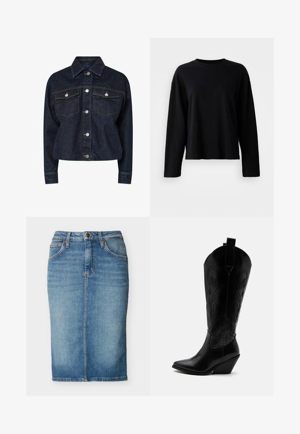 Donkerdenim jack met een kraag, voorzien van twee borstzakken, zilveren drukknoopjes en contrasterende gele stiksels. Luxe, cropped silhouet.; Zwart langemouwen t-shirt van een zachte, lichtgewicht stof met een ronde hals en een relaxte pasvorm, met minimale stikseldetails.; Blauwe denim kokerrok tot op de knie met voornaad, riemlussen, knoop en zakken.; Zwarte leren cowboylaars met puntige neus, schuine blokhak, decoratieve stiksels en aantreklusjes bovenaan tegen een witte achtergrond.