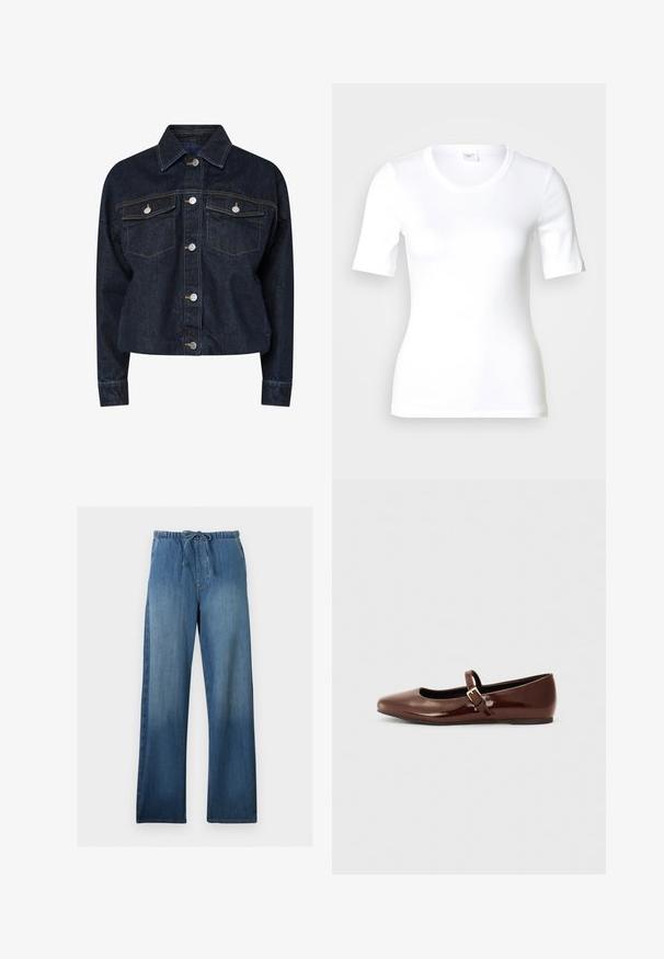 Chaqueta de mezclilla oscura con cuello, que presenta dos bolsillos en el pecho, botones a presión plateados y costuras amarillas en contraste. Silueta corta.; Camiseta blanca de manga corta hecha de algodón liso, con escote redondo y forma ajustada. Diseño clásico, sin estampados ni adornos.; Pantalones vaqueros de pierna ancha en azul con cintura elástica y cordón, con efecto desgastado en la parte delantera.; Bailarina de charol marrón con punta cuadrada y tira que presenta una pequeña hebilla dorada. Textura suave, tacón bajo y diseño minimalista.