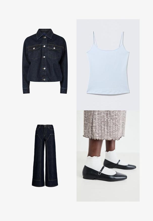 Chaqueta de mezclilla oscura con cuello, que presenta dos bolsillos en el pecho, botones a presión plateados y costuras amarillas en contraste. Silueta corta.; Top camisola sin mangas azul claro con tirantes delgados estilo espagueti y una textura de tela simple y lisa.; Vaqueros de mezclilla de pierna ancha en azul oscuro con cintura alta, costuras a contraste visibles, botón delantero y bolsillos en la parte delantera y trasera.; Bailarinas negras con punta afilada y tacón plano, con una correa ajustable que cruza el pie. Llevadas con calcetas blancas con textura.