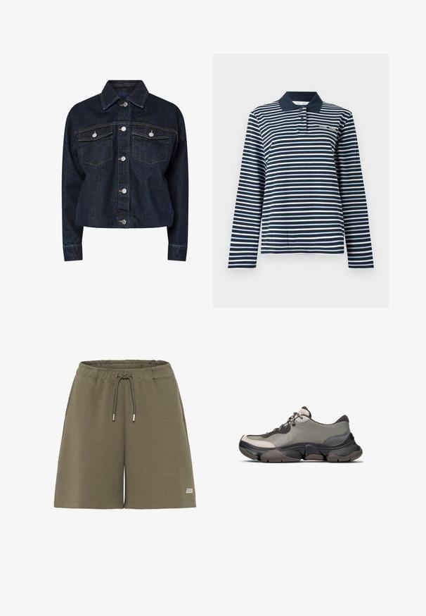 Chaqueta de mezclilla oscura con cuello, que presenta dos bolsillos en el pecho, botones a presión plateados y costuras amarillas en contraste. Silueta corta.; Polo de manga larga en rayas azul marino y blanco, de algodón, con cuello abotonado y un pequeño logo en el pecho.; Pantalones cortos deportivos en color verde oliva, con una textura suave, cinturilla elástica, cordón y un pequeño detalle de logo en el dobladillo.; Zapatillas en una combinación de colores gris y negro. Hechas de cuero y malla, con punta redonda, suela texturizada y diseño con cordones.