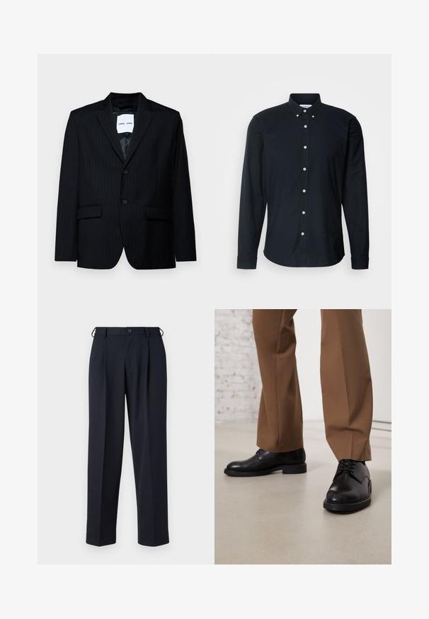 Blazer negro a rayas con un tejido suave, que presenta un solapa con muesca, cierre de dos botones y dos bolsillos frontales. El interior tiene un forro suave.; Camisa de botón de manga larga negra de algodón, con cuello puntiagudo, botones blancos y un dobladillo recto con puños abotonados.; Pantalones azul marino a medida con cierre delantero de botón y cremallera, trabillas para cinturón y bolsillos laterales, mostrados sobre un fondo blanco.; Zapatos de cuero negro con superficie lisa y puntera redonda, que presentan cierre con cordones y una suela baja y plana. Combinados con pantalones marrones.