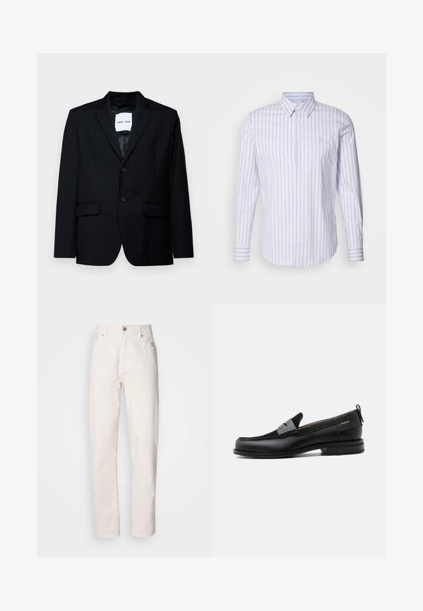 Blazer negro a rayas con un tejido suave, que presenta un solapa con muesca, cierre de dos botones y dos bolsillos frontales. El interior tiene un forro suave.; Calvin Klein SLIM FIT - Camisa - inkwell; Jeans de denim blanco de pierna recta con cierre de botón y cremallera, lazos para cinturón y bolsillos delanteros y traseros, mostrados sobre un fondo liso.; Mocasín de cuero negro con detalle de tira gris, tacón bajo y suela texturizada, con la marca "HUGO" en oro en el lateral.