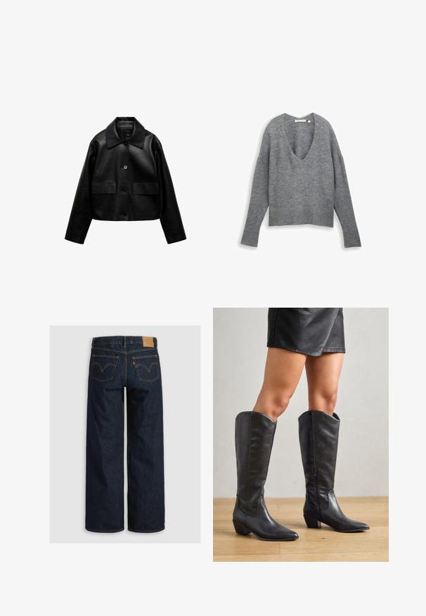 Mango Kunstlederjacke - black; Weicher grauer V-Ausschnitt Langarm-Pullover mit gerippten Bündchen und Saum, flach auf weißem Hintergrund liegend dargestellt.; Weit geschnittene Jeans aus dunkel indigoblauem Denim, mit hoher Taille, zwei Gesäßtaschen mit geschwungenen Nähten und einem Lederpatch am Bund.; Schwarze knielange Stiefel aus glattem Leder, mit spitzem Zehenbereich, niedrigem Blockabsatz und seitlichem Reißverschluss für ein einfaches Anziehen.