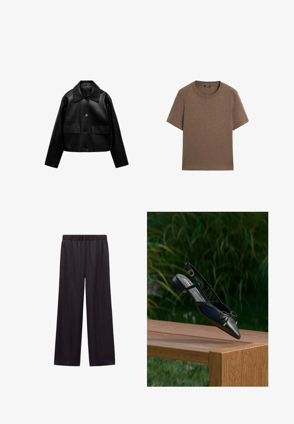 Mango Imitatieleren jas - black; Bruin T-shirt met korte mouwen en ronde hals, gemaakt van zachte stof, plat uitgespreid zonder zichtbare patronen of logo's.; Zwarte wijde broek met elastische tailleband en zijzakken, gemaakt van soepel materiaal dat is ontworpen voor comfort en casual dragen.; Zwarte platte slingback met spits toelopende neus en strikdetail, zwevend boven een houten tafel buiten met groene bladeren op de achtergrond.