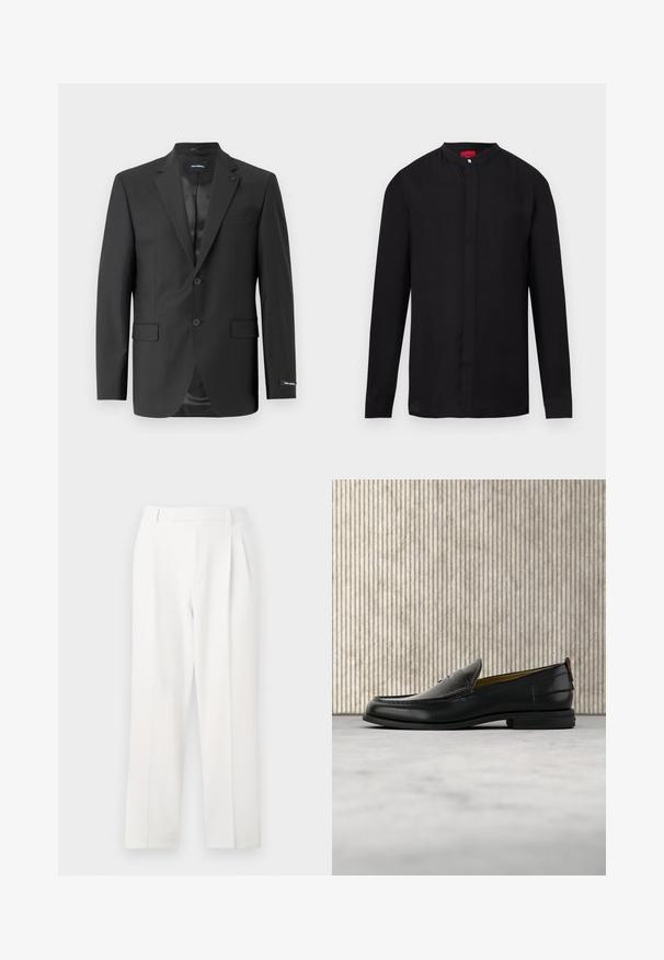 Zwarte op maat gemaakte blazer in een soepele stof, enkelvoudig met twee knopen, heeft een notch revers, twee voorzakken en een stijlvolle voering.; Zwart shirt met lange mouwen, mandarijnkraag en verborgen knoopsluiting, afgebeeld op een witte achtergrond.; Witte op maat gemaakte broeken met een recht model, voorzien van plooien, een platte voorkant en een gladde stofstructuur. Geen zichtbare zakken of accenten.; Zwarte leren herenslipper met een krokodillen-embossed voorblad en een lage hak, zij-aanzicht op een neutrale achtergrond.