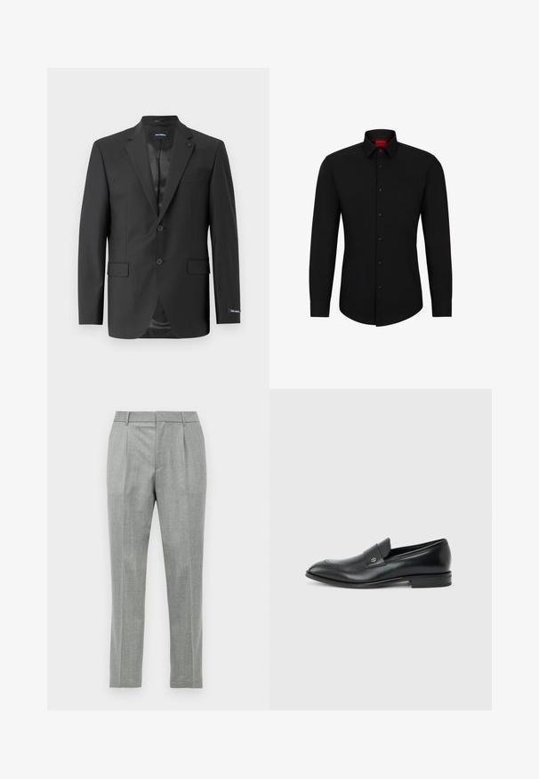 Zwarte op maat gemaakte blazer in een soepele stof, enkelvoudig met twee knopen, heeft een notch revers, twee voorzakken en een stijlvolle voering.; Zwarte blouse met lange mouwen, knoopsluiting aan de voorkant, klassieke kraag en ronde onderkant; voorzien van zwarte knopen en een rood logo binnenin de kraag.; Lichtgrijze op maat gemaakte dresspants met voorplooien, riemlussen en een rechte pijp tegen een witte achtergrond.; Zwarte leren herenslipper met lage hak, afgeronde neus en klein metalen logo op het riempje, zijaanzicht tegen een effen achtergrond.