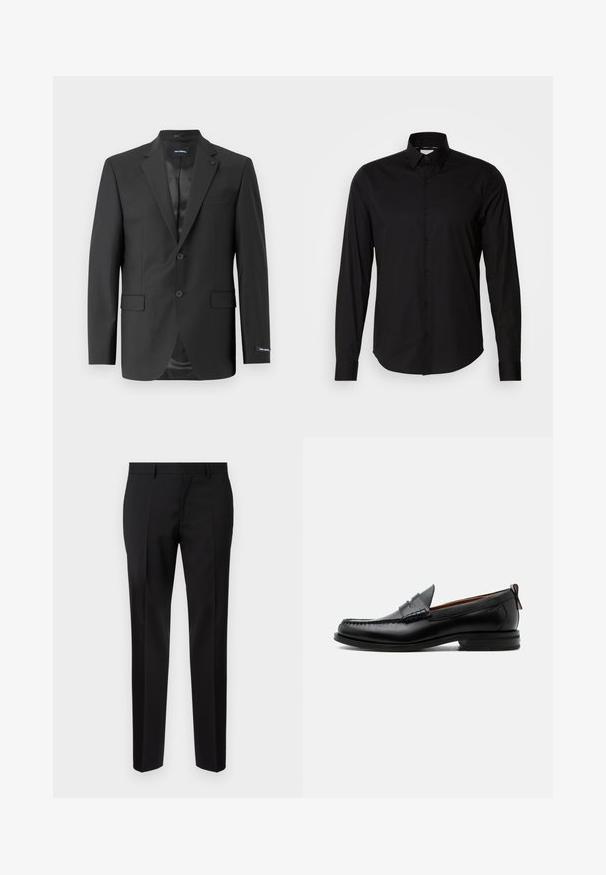 Blazer negro ajustado en una tela suave, de un solo botón con dos botones, presenta solapa de muesca, dos bolsillos frontales y un forro elegante.; Camisa negra de manga larga hecha de tela suave. Presenta un cuello clásico, una botonera y un dobladillo recto. Sin patrones ni acentos presentes.; Pantalones negros de corte ajustado, hechos de una tela suave, con pernera recta, detalles de pinzas refinadas y una cinturilla clásica con ojales para cinturón.; Mocasín de hombre de piel negra con costura moc toe, tira penny, cuello texturizado y tacón bajo apilado sobre fondo blanco.