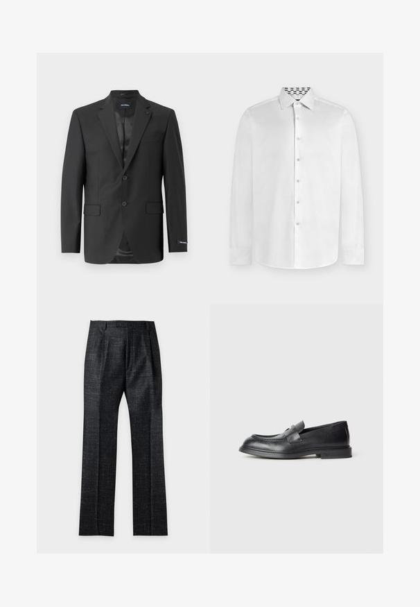 Zwarte op maat gemaakte blazer in een soepele stof, enkelvoudig met twee knopen, heeft een notch revers, twee voorzakken en een stijlvolle voering.; Wit overhemd met lange mouwen en knopen, met een puntige kraag, waarbij de zwart-witte patroon binnenvoering van de kraag zichtbaar is.; Zwarte gestructureerde rechte broek met riemlussen en voorplooien op een witte achtergrond.; Zwarte leren loafers met een gestructureerde afwerking, voorzien van een decoratieve voorstrik en een afgeronde neus. Rubberzool voor duurzaamheid.