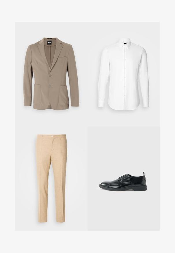 Beige op maat gemaakte blazer van zacht stof. Heeft een enkelvoudige knopen en twee knopen, met puntige revers en twee voorzakken.; Witte blouse met lange mouwen, knoopsluiting aan de voorkant, klassieke kraag, gemaakt van gladde stof met een subtiele textuur, ontworpen voor een aansluitende pasvorm.; Beige op maat gemaakte broeken van textuurstof, met een rechte pijpenontwerp, een dubbele plooi aan de voorkant en een enkele knoopsluiting in de taille.; Glanzende zwarte lederen nette schoen met lage hak, vetersluiting en ronde neus, van opzij getoond tegen een effen lichte achtergrond.