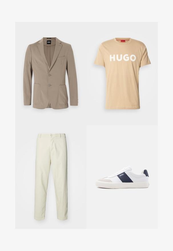 Beige op maat gemaakte blazer van zacht stof. Heeft een enkelvoudige knopen en twee knopen, met puntige revers en twee voorzakken.; Beige katoenen T-shirt met een ronde hals, korte mouwen en een prominent wit "HUGO" logo aan de voorkant. Soepele textuur, casual ontwerp.; Lichtbeige katoenen broek met een rechte pijpontwerp, voorzien van een voorgestructureerde knoopsluiting en standaardzakken, een gladde textuur en geen patronen.; Witte lage sneaker met marineblauwe zijstreep, "BOSS"-logo, beige neuskap en witte zool, in profiel weergegeven tegen een lichte achtergrond.