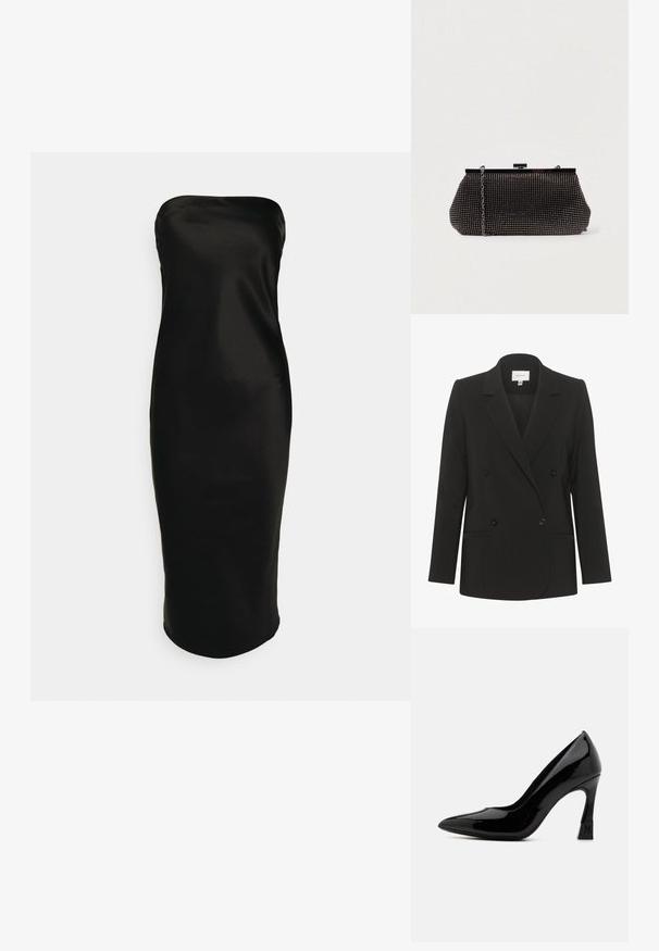 Sort dobbeltbrystet blazer med skræddersyet pasform, reverskrave, to forlommer og sorte knapper. Glat stof med et enkelt design.; Gina Tricot TUBE MIDI DRESS - Cocktailkjole / festkjole - black; Sort patentlæder højhælede sko med spids tå og blokhæln, der har et logoaccent. Glat, skinnende overfladetextur.; Sort mesh clutch-taske med en struktureret silhuet, prydet med små metalstuds, har en låsemekanisme og en aftagelig kæderekke.
