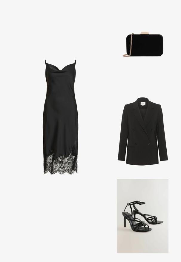 Sort dobbeltbrystet blazer med skræddersyet pasform, reverskrave, to forlommer og sorte knapper. Glat stof med et enkelt design.; Sort satin slipdress med tynde stropper og blondekant ved kanten, med draperet halsudskæring og midi længde.; Sorte højhælede sandaler med flettede stropper, ankelspænde og glat tekstur. Åben tå-design med slank stilettohæl.; Sort velour clutch med guldfarvede detaljer, rektangulær form og kædestrop, der har en glat tekstur og ingen synlige mønstre.