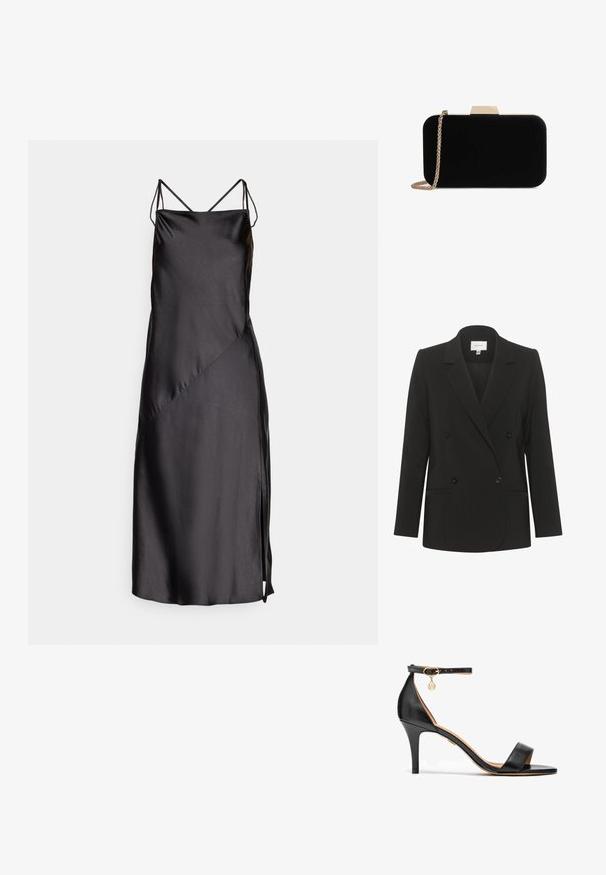 Sort dobbeltbrystet blazer med skræddersyet pasform, reverskrave, to forlommer og sorte knapper. Glat stof med et enkelt design.; Sort satin kjole med tynde justerbare stropper, en glat tekstur, skrå sømme og en sideslids for ekstra detalje.; Sort læder højhælede sandaler med en enkelt rem over tæerne, ankelrem, gul hardware og en slank stilettohæl.; Sort velour clutch med guldfarvede detaljer, rektangulær form og kædestrop, der har en glat tekstur og ingen synlige mønstre.