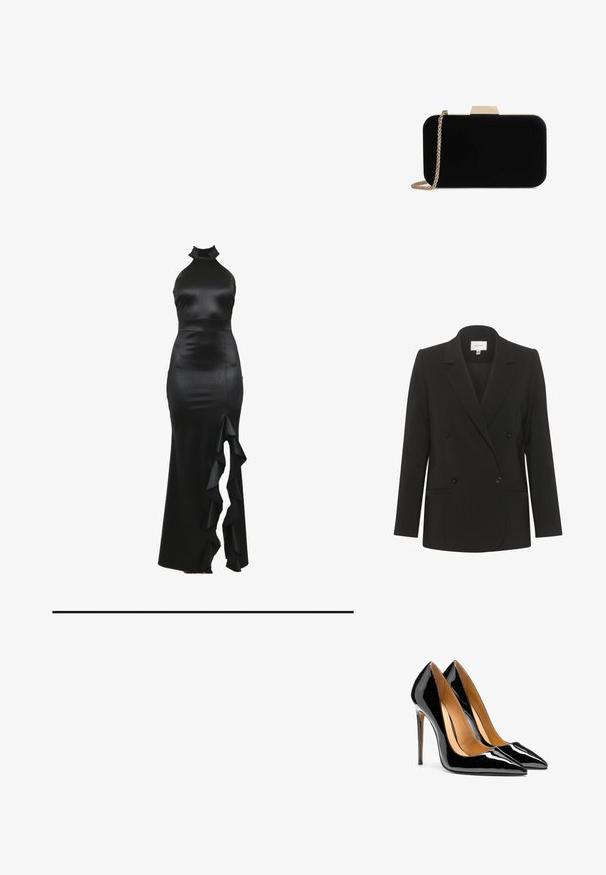 Schwarzes, doppelt geknöpftes Blazer mit taillierter Passform, Reverskragen, zwei vorderen Taschen und schwarzen Knöpfen. Glattes Material mit schlichtem Design.; Schwarzes Satin-Halfterkleid mit figurbetonter Silhouette, seitlichem Rüschendetail und bodenlangem Design. Glatte Textur, eleganter Schnitt.; Paar glänzende schwarze High Heels aus Lackleder mit spitz zulaufender Vorderpartie, Stilettoabsätzen und hellbraunem Innenfutter vor weißem Hintergrund.; Schwarze Samt-Clutch mit goldfarbener Hardware, rechteckiger Form und Kettenriemen, mit glatter Textur und ohne sichtbare Muster.