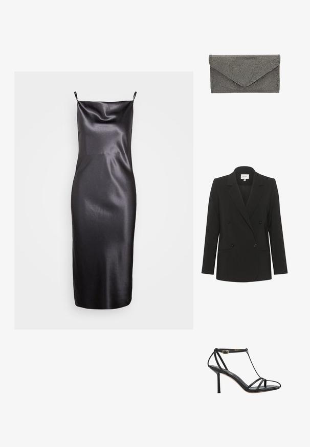 Zwarte dubbelzijdige blazer met een getailleerde pasvorm, reverskraag, twee voorzakken en zwarte knopen. Glad stof met een eenvoudig ontwerp.; Samsøe Samsøe FREDERICKA LONG DRESS - Cocktailjurk - ombre dark; Zwarte hoge hak sandaal met dunne bandjes, enkelgesp en een smalle hak, zijaanzicht op een witte achtergrond.; Zwarte stoffen clutch met een getextureerd studpatroon en envelopsluiting, met een strakke rechthoekige vorm en zonder zichtbare hardware.