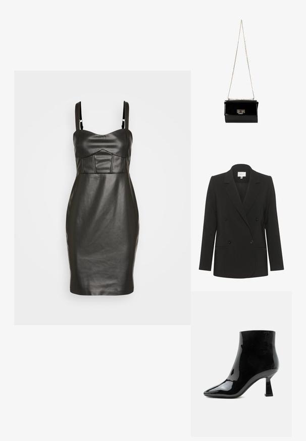 Sort dobbeltbrystet blazer med skræddersyet pasform, reverskrave, to forlommer og sorte knapper. Glat stof med et enkelt design.; Sorth faux læderkjole med en tætsiddende silhuet, tynde stropper og en struktureret, polstret skjorte med lodrette sømme. Glat tekstur.; Sort blank laklæder ankelstøvle med spids tå og udvidet mellemhøj hæl på hvid baggrund.; Sort patentlæder håndtaske med en guldkæde-strop, rektangulær form, med en frontklaplukning og et metallisk logo-accent.