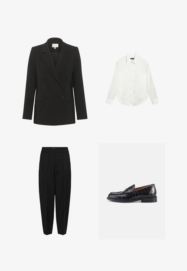 Zwarte dubbelzijdige blazer met een getailleerde pasvorm, reverskraag, twee voorzakken en zwarte knopen. Glad stof met een eenvoudig ontwerp.; Witte blouse met lange mouwen, kraag en manchetten, plat gelegd met de knopen dicht aan de voorkant in het midden.; Zwarte, hoog getailleerde, op maat gemaakte broek met voorplooien en licht taps toelopende pijpen, afgebeeld tegen een witte achtergrond.; Zwarte loafers van leer met krokodillenprint, voorzien van een afgeronde neus, instapmodel en een lage, stevige hak. Soepele textuur en subtiele glans.