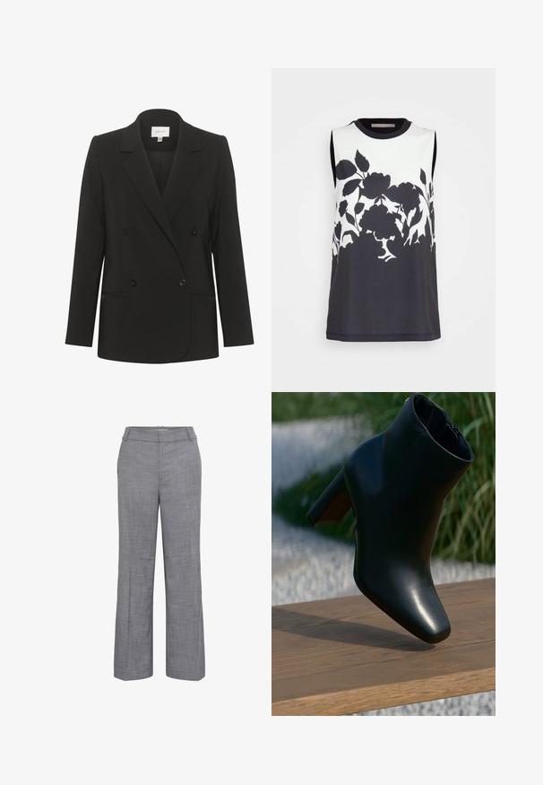 Schwarzes, doppelt geknöpftes Blazer mit taillierter Passform, Reverskragen, zwei vorderen Taschen und schwarzen Knöpfen. Glattes Material mit schlichtem Design.; Anna Field Bluse - black/white; Grau maßgeschneiderte Anzughose mit dezentem Karomuster, geradem Bein, Gürtelschlaufen und Vordertaschen, vor einem schlichten weißen Hintergrund präsentiert.; Schwarze Leder-Stiefelette mit Blockabsatz, die auf einer Holzbank im Freien steht, mit Gras und weißen Steinen im Hintergrund.