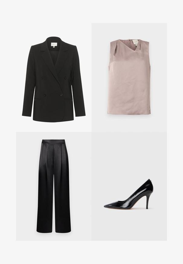 Zwarte dubbelzijdige blazer met een getailleerde pasvorm, reverskraag, twee voorzakken en zwarte knopen. Glad stof met een eenvoudig ontwerp.; Mouwloze lichtmauve blouse met V-hals, knoopsluiting aan de achterkant en subtiele gestructureerde stof, plat gevouwen op een witte achtergrond.; Zwart satijnen broek met wijde pijpen en een gladde textuur, voorzien van plooien aan de voorkant en een hoge taille, met een gestructureerd maar vloeiend ontwerp.; Zwarte lakleren pumps met hoge hak en een spits toelopende neus, met een gladde textuur en een slanke naaldhak. Geen zichtbaar metaalwerk.