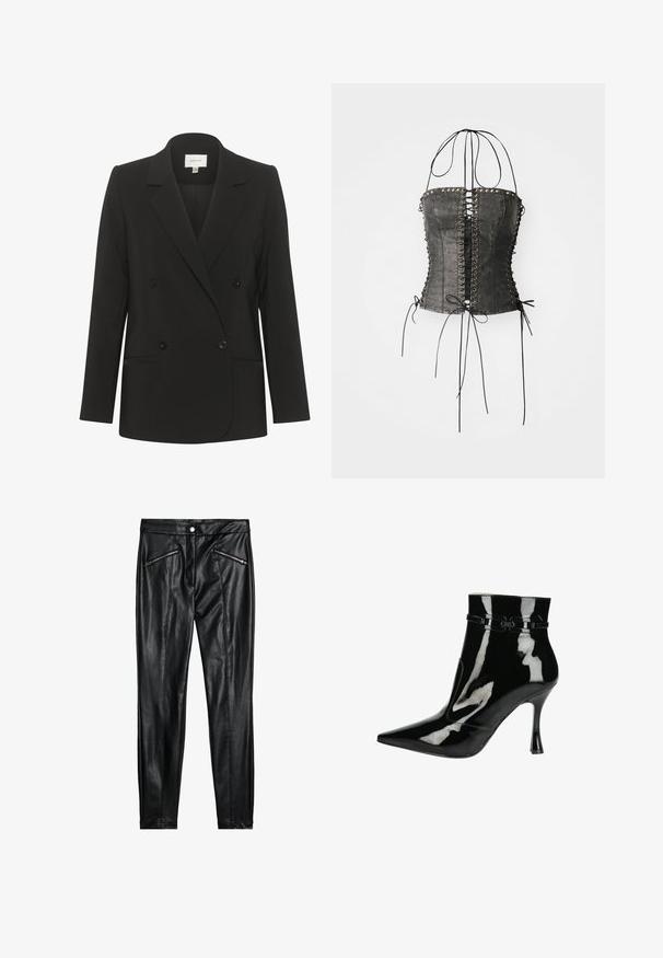 Sort dobbeltbrystet blazer med skræddersyet pasform, reverskrave, to forlommer og sorte knapper. Glat stof med et enkelt design.; Jaded London LONGLINE LACE UP HALTER CORSET - Top - black; Sorte læderbukser med en tætsiddende pasform, to lynlåslommer foran og en glat overflade med en blank finish.; Sorte patentlæder ankelstøvler med spids tå, blank finish, strømlinet design og en smal stilettohæl. Dekorative stropper som detalje.