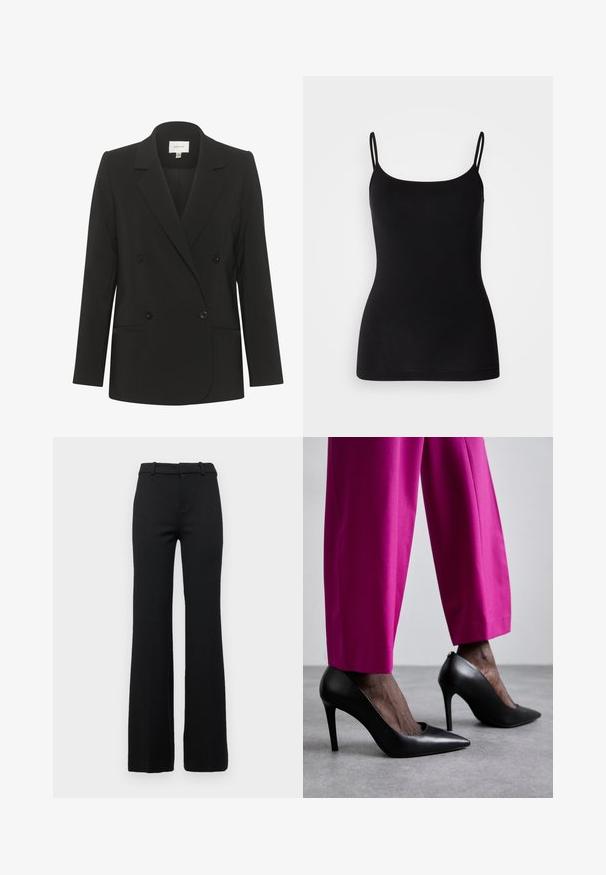 Zwarte dubbelzijdige blazer met een getailleerde pasvorm, reverskraag, twee voorzakken en zwarte knopen. Glad stof met een eenvoudig ontwerp.; Zwarte camisole met dunne verstelbare bandjes, gladde rekstof en een aansluitende pasvorm. Geen patronen of versieringen.; Zwarte op maat gemaakte flared broek met een gladde textuur, voorzien van een tailleband met riemlussen en een ritssluiting aan de voorkant.; Zwarte hoge hakken met een puntige neus en een gladde leren textuur. Gecombineerd met felroze, op maat gemaakte broeken.