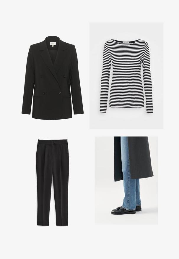Zwarte dubbelzijdige blazer met een getailleerde pasvorm, reverskraag, twee voorzakken en zwarte knopen. Glad stof met een eenvoudig ontwerp.; Langemouwen, ronde hals T-shirt met een zwart-wit gestreept patroon. Gemaakt van zachte stof met een reguliere pasvorm. Schoon, minimalistisch ontwerp.; Zwarte broek met een getailleerde pasvorm, voorzien van een platte voorkant, twee zijzakken en een strakke, naadloze uitstraling. Gemaakt van een gladde, ademende stof.; Zwarte leren instappers met kwastjes, gedragen met lichtblauwe rechtlopende jeans, aangevuld met een donkergrijze jas. Schone lijnen en textiel met structuur.