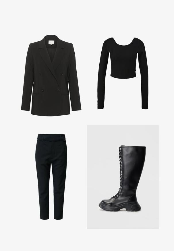 Zwarte dubbelzijdige blazer met een getailleerde pasvorm, reverskraag, twee voorzakken en zwarte knopen. Glad stof met een eenvoudig ontwerp.; Zwart cropped langemouwen top met een ronde halslijn en een gladde textuur. Heeft zijsnijdingen en een aangesloten ontwerp.; Zwarte broek van geweven stof met een gladde textuur, met een rechte voorkant, zijzakken en een enkellange snit.; Hoge zwarte leren veterschoen met chunky zool en zilveren oogjes op een effen lichte achtergrond.