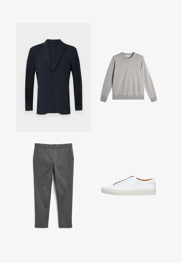 Blazer azul marino con un corte ajustado, dos botones, solapas en pico y dos bolsillos frontales. Tejido suave con un ligero brillo y sin patrones visibles.; Suéter gris claro de manga larga con cuello redondo, puños y dobladillo acanalados, pequeño logo bordado en el área izquierda del pecho.; Next STRETCH - Pantalones chinos - dark grey; Zapatilla blanca de cuero con suela de goma texturizada, puntera redonda e interior en contraste color marrón claro. Cuenta con cinco ojales y cordones blancos.
