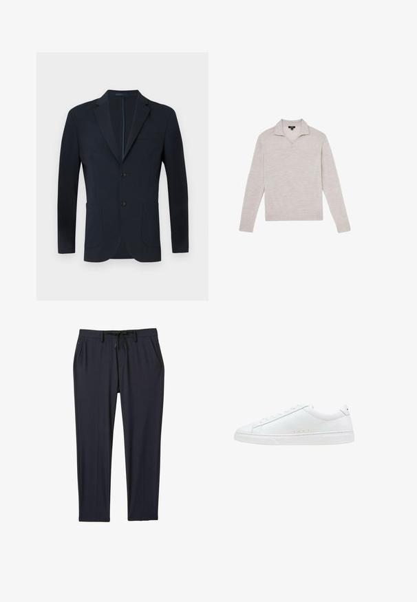 Marineblauer Blazer mit taillierter Passform, zwei Knöpfen, Reverskragen und zwei vorderen Taschen. Glattes Gewebe mit dezentem Glanz und ohne sichtbare Muster.; Hellgrauer langärmeliger Pullover mit V-Ausschnitt und Kragen, flach auf einem weißen Hintergrund präsentiert.; Marinefarbene Sporthose aus dehnbarem Stoff, mit einem verstellbaren Bund, zwei Seitentaschen und geradem Beinanschnitt.; Weiße Schnürsneaker mit einer glatten, lederähnlichen Oberseite, abgerundeter Spitze, flacher Gummisohle und dezenten Ziernähten an den Seiten.
