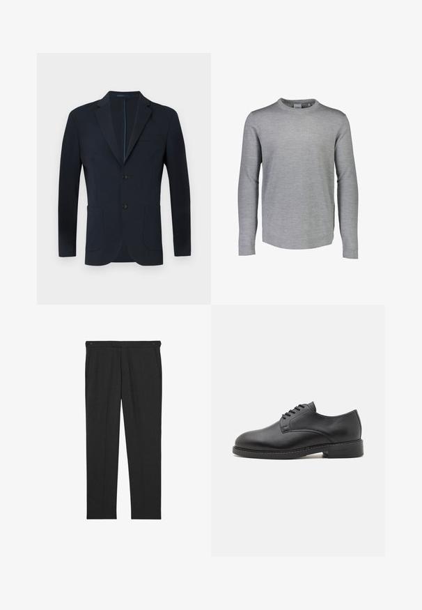 Marineblå blazer med skræddersyet pasform, to knapper, notch ombuk og to frontlommer. Glat stof med en subtil glans og ingen synlige mønstre.; Lindbergh CREW NECK - Striktrøje - grey mel; Mørkegrå bukser lavet af tekstureret stof med to forlommer og to knapper ved linningen til lukning. Fladt frontdesign.; Sort læder oxford sko med en rund tå, der har en glat overflade, fem huller til snørebånd og en lav stablet hæl.