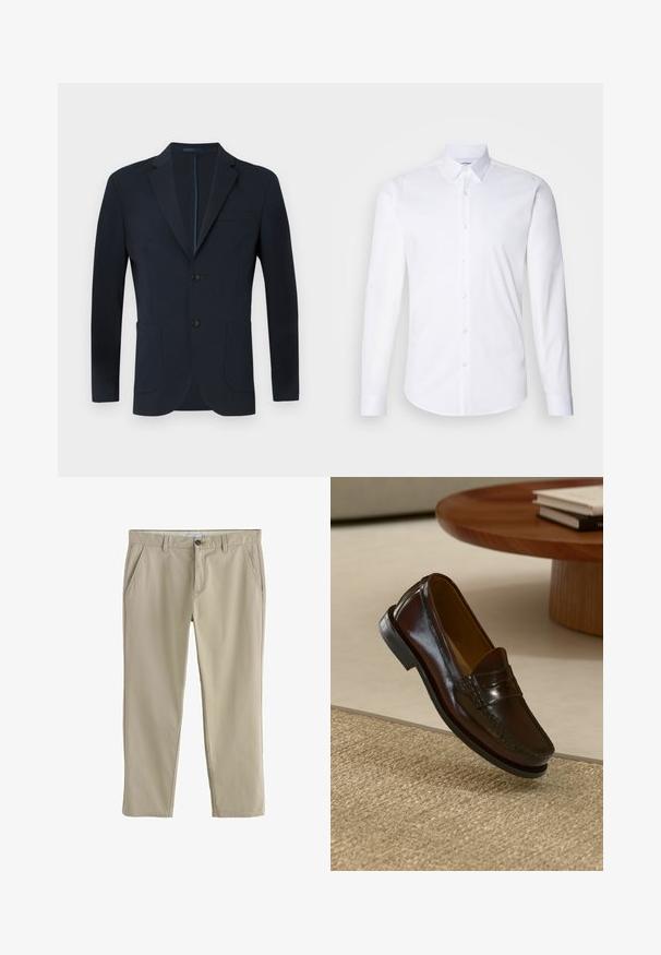 Blazer azul marino con un corte ajustado, dos botones, solapas en pico y dos bolsillos frontales. Tejido suave con un ligero brillo y sin patrones visibles.; Camisa blanca de manga larga abotonada hecha de suave tela de algodón, con un cuello clásico, cierre de botones y dobladillo curvado.; Pantalones beige de pierna recta con bolsillos laterales, trabillas para cinturón y cierre de botón en la cintura.; Mocasines de cuero marrón con un acabado brillante, que presentan un detalle de costura en la parte frontal y una suela de goma negra de perfil bajo.