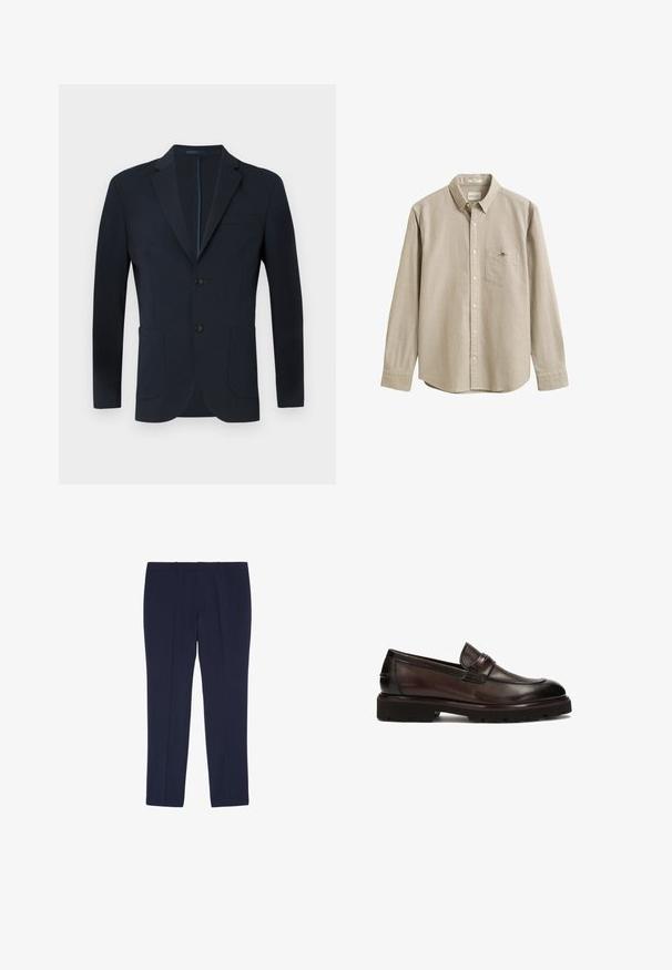 Marineblauwe blazer met een getailleerde pasvorm, twee knopen, terugvallende revers en twee voorkruiken. Glad stof met een subtiele glans en zonder zichtbare patronen.; Beige overhemd met lange mouwen, knoopsluiting, kraag, borstzak en een klein geborduurd logo op de zak. Het overhemd is afgebeeld tegen een effen achtergrond.; Marineblauwe op maat gemaakte pantalon met voorplooien, riemlussen en een smalle rechte pijp.; Bruine leren instappers met een ronde neus, dikke rubberen zool en een kleine decoratieve band. Glad oppervlak met minimale stikseldetails.