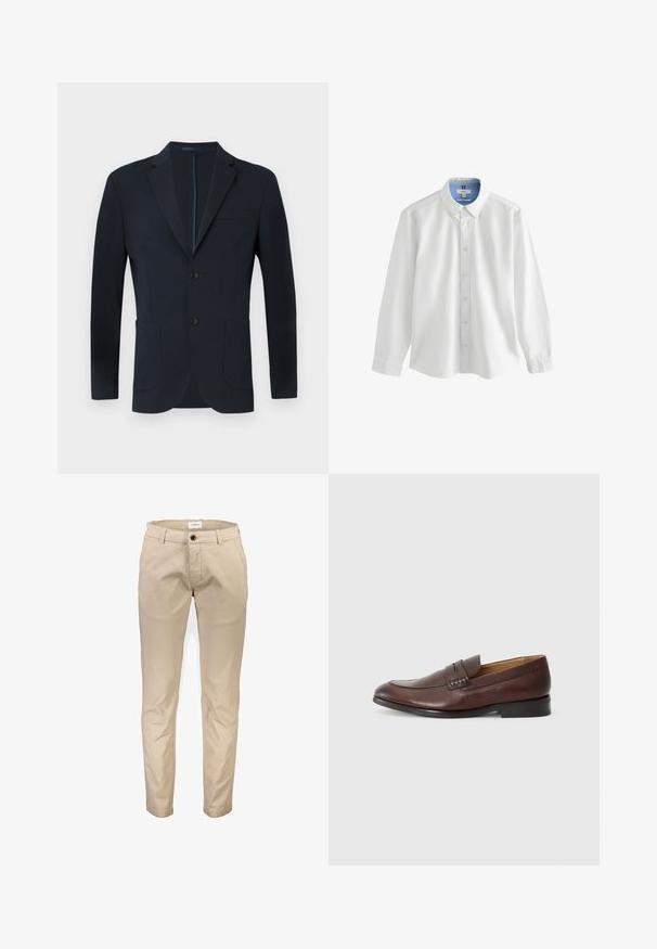Marineblå blazer med skræddersyet pasform, to knapper, notch ombuk og to frontlommer. Glat stof med en subtil glans og ingen synlige mønstre.; Hvid langærmet skjorte med knapper og en blå kravekant, der har en klassisk pasform og diskret broderi på brystet.; Beige bomuldsbukser med lige ben, der har frontlommer, lynlås og en enkelt knaplukning. Glat tekstur, uden mønstre.; JOOP! KLEITOS - Loafers - brown
