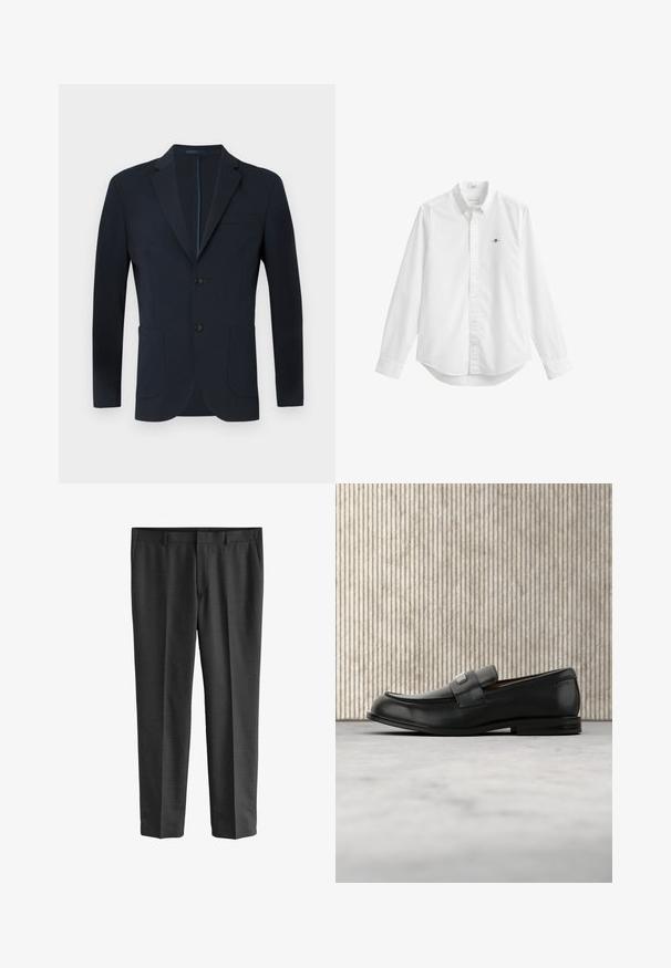 Marineblauer Blazer mit taillierter Passform, zwei Knöpfen, Reverskragen und zwei vorderen Taschen. Glattes Gewebe mit dezentem Glanz und ohne sichtbare Muster.; Weißes Hemd mit langen Ärmeln, Knöpfen vorne, einem Kragen und einem kleinen gestickten Logo auf der linken Brust.; Grau maßgeschneiderte Hose aus feinem Stoff. Mit geraden Beinen, glatter Textur und subtilen Webmuster. Sichtbare Fronttaschen.; Schwarzer Lederloafer mit einer Metallmarkenplatte, der nahe einem braunen runden Tisch auf beigem Teppichboden ruht.