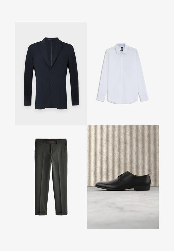 Marineblauwe blazer met een getailleerde pasvorm, twee knopen, terugvallende revers en twee voorkruiken. Glad stof met een subtiele glans en zonder zichtbare patronen.; Witte blouse met lange mouwen en knopen, klassieke kraag en manchetten, met een zwart label aan de binnenkant van de kraag.; Grijze op maat gemaakte broeken met een platte voorkant, zijzakken en opgerolde manchetten. Gemaakt van een lichte, gestructureerde stof.; Zwarte leren dresschoenen met een gladde afwerking, ronde neus, lage hak en vetersluiting. Bevat minimalistische accenten voor een strakke uitstraling.