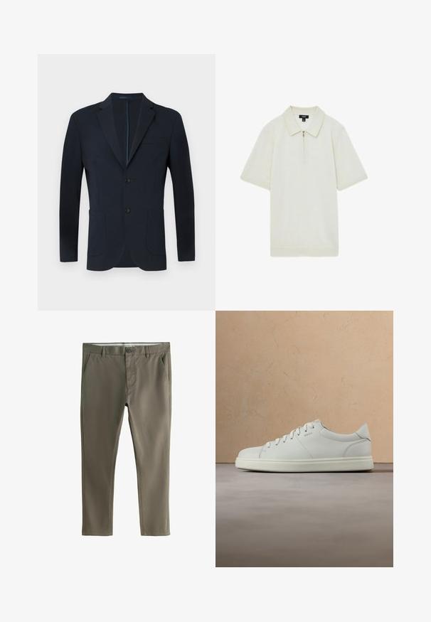 Námornícky modrý blazer s priliehavým strihom, dvoma gombíkmi, klopami a dvoma prednými vreckami. Hladká tkanina s jemným leskom a bez viditeľných vzorov.; Krémové polokošele s rozopínacím golierom, vyrobené z mäkkej tkaniny, s bodkovaným golierom, krátkymi rukávmi a priamym lemom.; Olive zelené nohavice vyrobené z ľahkej tkaniny, so zipsom, gombíkovým zapínaním a dvoma prednými vreckami s hladkým povrchom.; Biela kožená teniska s hladkou textúrou, okrúhlym špičkou a plochými šnúrkami. Má nenápadné logo a ľahkú podrážku.