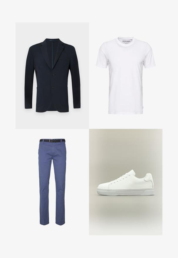 Marineblauer Blazer mit taillierter Passform, zwei Knöpfen, Reverskragen und zwei vorderen Taschen. Glattes Gewebe mit dezentem Glanz und ohne sichtbare Muster.; Weißes T-Shirt mit kurzen Ärmeln aus Baumwolle, mit Rundhalsausschnitt und einem schlichten Design. Markentag im Nackenbereich sichtbar. Keine Muster oder Verzierungen.; Chinos aus dunkelblauem Baumwollstoff mit geradem Bein, ausgestattet mit einem schwarzen Gürtel und dezenten Taschenverzierungen. Glatte Textur.; Weißer Sneaker in niedriger Schnittform mit Schnürung vorne, gepolstertem Kragen und strukturiertem Gummisohle, seitlich auf neutralem Hintergrund dargestellt.