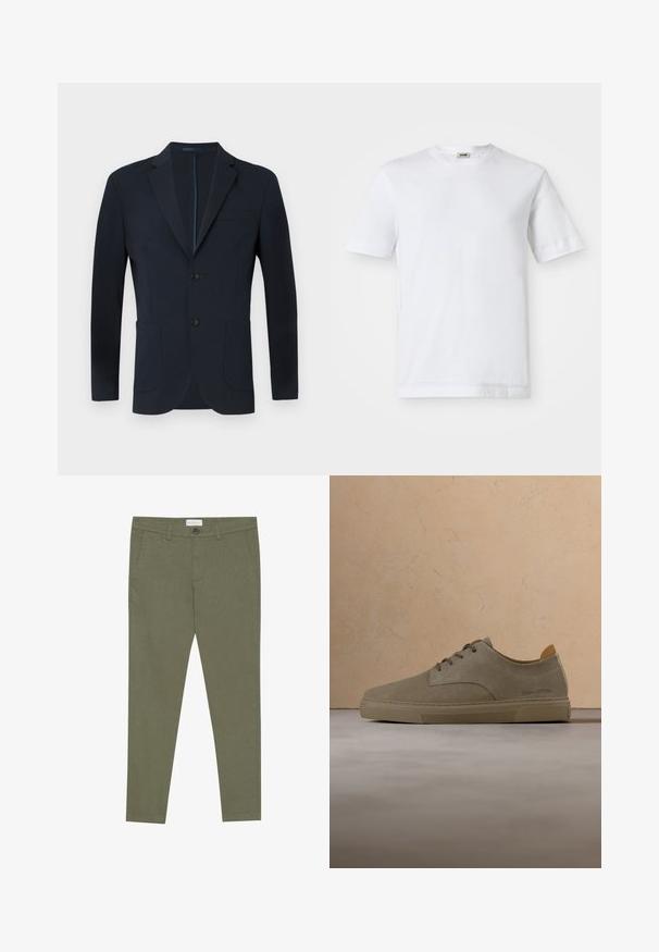 Marineblå blazer med skræddersyet pasform, to knapper, notch ombuk og to frontlommer. Glat stof med en subtil glans og ingen synlige mønstre.; Hvid bomulds t-shirt med korte ærmer, rund halsudskæring og en glat tekstur. Ingen mønstre eller detaljer er synlige.; Oliven grønne bomulds chinos med en glat tekstur, slim fit, forlommer og lynlås, med en knaplukning og bæltestropper.; Beige ruskinds-snørestøvle med gummisål, mærket "Marc O'Polo," svæver over tekstureret beige tæppe i et rum med neutrale toner.