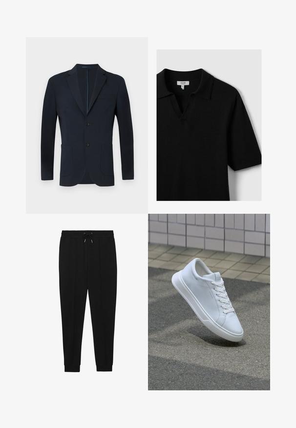 Námornícky modrý blazer s priliehavým strihom, dvoma gombíkmi, klopami a dvoma prednými vreckami. Hladká tkanina s jemným leskom a bez viditeľných vzorov.; Čierna polokošeľa s krátkym rukávom vyrobená z mäkkej tkaniny, s výstrihom do V a klasickým golierom, s minimálnym stehom a bez viditeľných vzorov.; Čierne športové nohavice s úzkym pásom a zaväzovaním, zúženými nohavicami a rebrovanými manžetami. Vyrobené z mäkkej tkaniny s hladkou textúrou.; Biela nízka teniska so šnúrkami vznášajúca sa nad textúrovaným asfaltom a béžovým dlaždeným povrchom v pozadí.