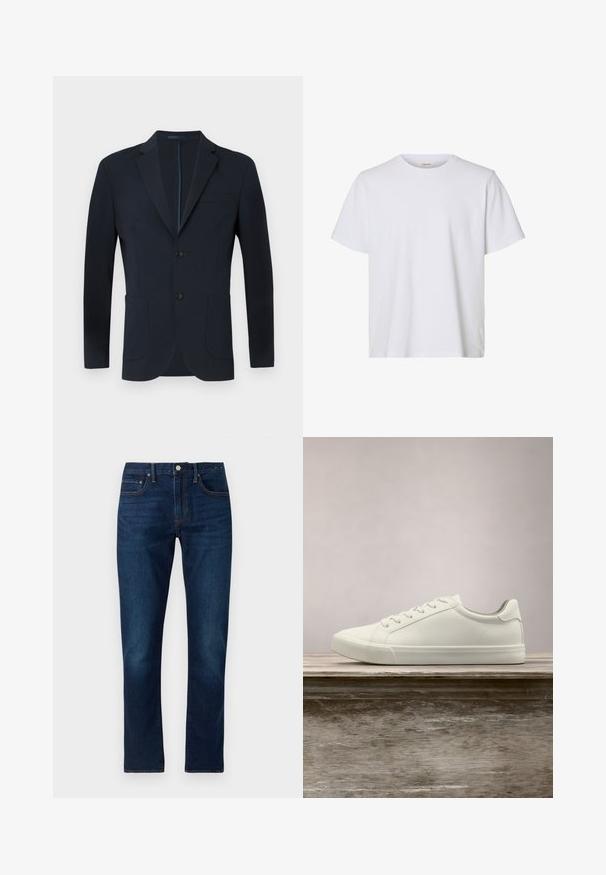 Námornícky modrý blazer s priliehavým strihom, dvoma gombíkmi, klopami a dvoma prednými vreckami. Hladká tkanina s jemným leskom a bez viditeľných vzorov.; Jednoduché biele tričko s krátkym rukávom, guľatým výstrihom, pravidelným strihom a hladkou textúrou látky, zobrazené na bielom pozadí.; Tmavomodré denimové nohavice s rovnými nohavicami. Vlastnosti zahŕňajú kontrastné švy, päť vreciek a predné zapínanie na gombík.; Biele šnurovacie tenisky sa vznášajú nad drevenou lavicou so zeleným porastom v pozadí, predvádzajúc design a textúru topánok.
