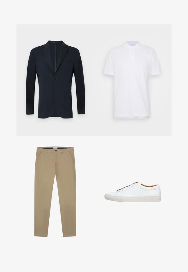 Námornícky modrý blazer s priliehavým strihom, dvoma gombíkmi, klopami a dvoma prednými vreckami. Hladká tkanina s jemným leskom a bez viditeľných vzorov.; Biely polo tričko s klasickým golierom, trojiciou gombíkov a krátkymi rukávmi. Vyrobené z hladkej bavlnenej tkaniny s jednoduchým dizajnom.; Béžové chinos nohavice vyrobené z hladkej bavlny, so strihom rovného nohu, s jedným gombíkom na zapínanie a dvoma bočnými vreckami. Jemné švy.; Biela kožená teniska s textúrovanou gumovou podrážkou, okrúhlym prstom a kontrastným hnedom vnútrom. Má päť dierok na šnúrky a biele šnúrky.