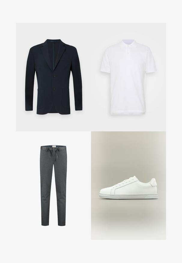 Marineblauer Blazer mit taillierter Passform, zwei Knöpfen, Reverskragen und zwei vorderen Taschen. Glattes Gewebe mit dezentem Glanz und ohne sichtbare Muster.; Weißes Poloshirt mit klassischem Kragen, Dreiknopfleiste und kurzen Ärmeln. Aus glattem Baumwollstoff mit schlichter Optik hergestellt.; Graue, dehnbare Hosen mit glatter Textur, Kordelzugbund und Knopfverschluss. Verfügung über eine schmal geschnittene Passform und minimale sichtbare Nähte.; Weißer Sneaker mit niedrigem Schaft, Schnürung vorne und strukturierter Gummisohle vor einfachem neutralem Hintergrund.