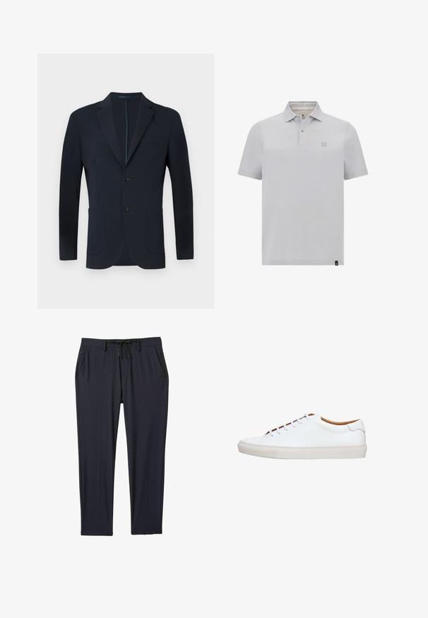 Námornícky modrý blazer s priliehavým strihom, dvoma gombíkmi, klopami a dvoma prednými vreckami. Hladká tkanina s jemným leskom a bez viditeľných vzorov.; Svetlošedá polo tričko v hladkom materiáli s klasickým golierom, dvomi gombíkmi a jemným logom na hrudi. Krátke rukávy.; Námorné športové nohavice vyrobené z elastického materiálu, s nastaviteľným pásom na šnúrku, dvoma bočnými vreckami a rovným strihom.; Biela kožená teniska s textúrovanou gumovou podrážkou, okrúhlym prstom a kontrastným hnedom vnútrom. Má päť dierok na šnúrky a biele šnúrky.