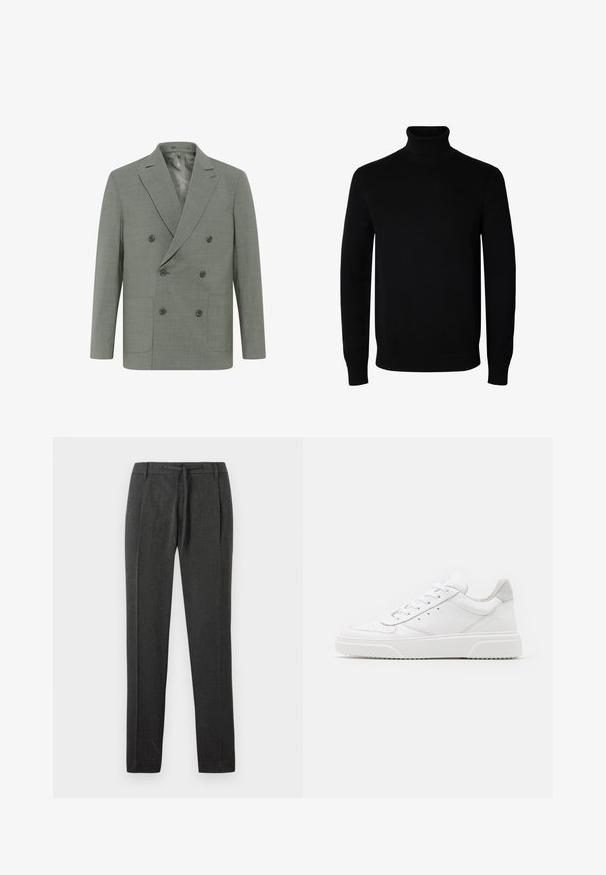 Blazer de doble botonadura en tejido gris claro, con solapas con muesca, cuatro botones, dos bolsillos frontales y un forro interior suave.; Jersey negro de cuello alto y manga larga con puños y dobladillo acanalados, mostrado sobre un fondo blanco liso.; Pantalones gris oscuro con una tela texturizada, diseño de pierna recta, pliegues frontales y una cintura con cordón. Sin bolsillos ni acentos visibles.; Zapatillas de cuero blanca con un acabado suave, punta redondeada, cordones planos y una suela texturada. Acento de ante gris en el talón.