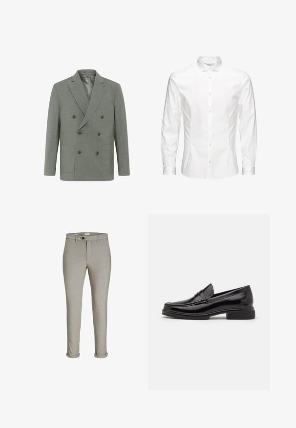 Dobbeltbrystet blazer i lys grå stof med klapkrave, fire knapper, to forlommer og en glat indvendig foret.; Hvid langærmet skjorte med knapper lavet af glat stof. Har en klassisk krave, frontknapper og manchetter med en enkelt knap. Slim fit design.; Lys beige chinos lavet af tekstureret stof, med flad front, en knaplukning og opsmøg ved anklen.; Sorte læder loafers med en rund tå, der har en syet detalje over vristen og en lav blokhæl. Glat tekstur og blank finish.